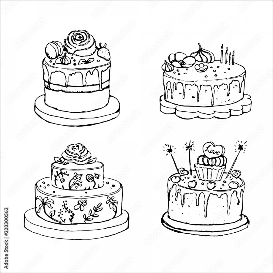 Set continuous line drawing of big cake