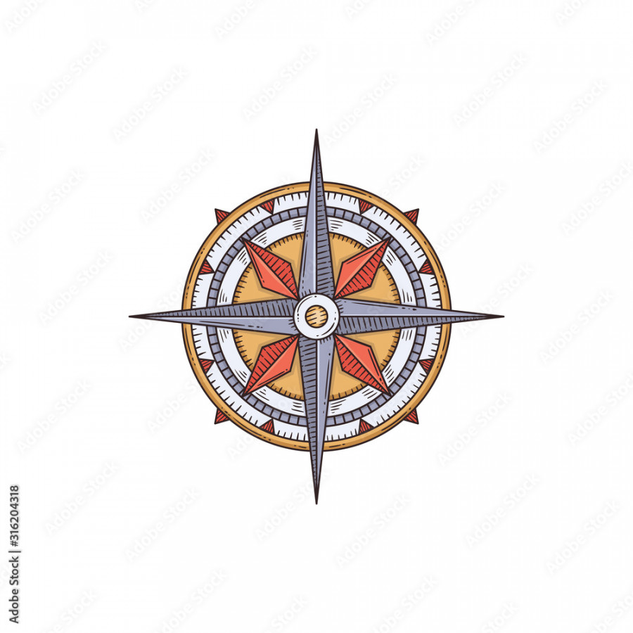 Vintage engraved nautical compass cartoon sketch vector