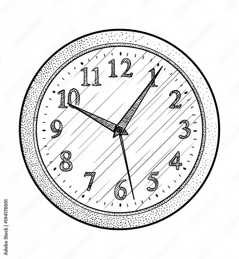 Wall clock illustration, drawing, engraving, ink, line art, vector