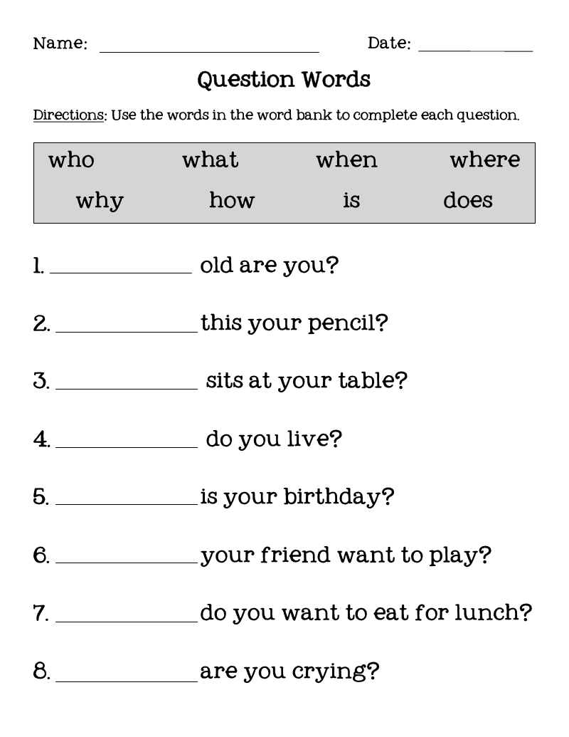 25 Question Words Worksheets For Kindergarten Pdf